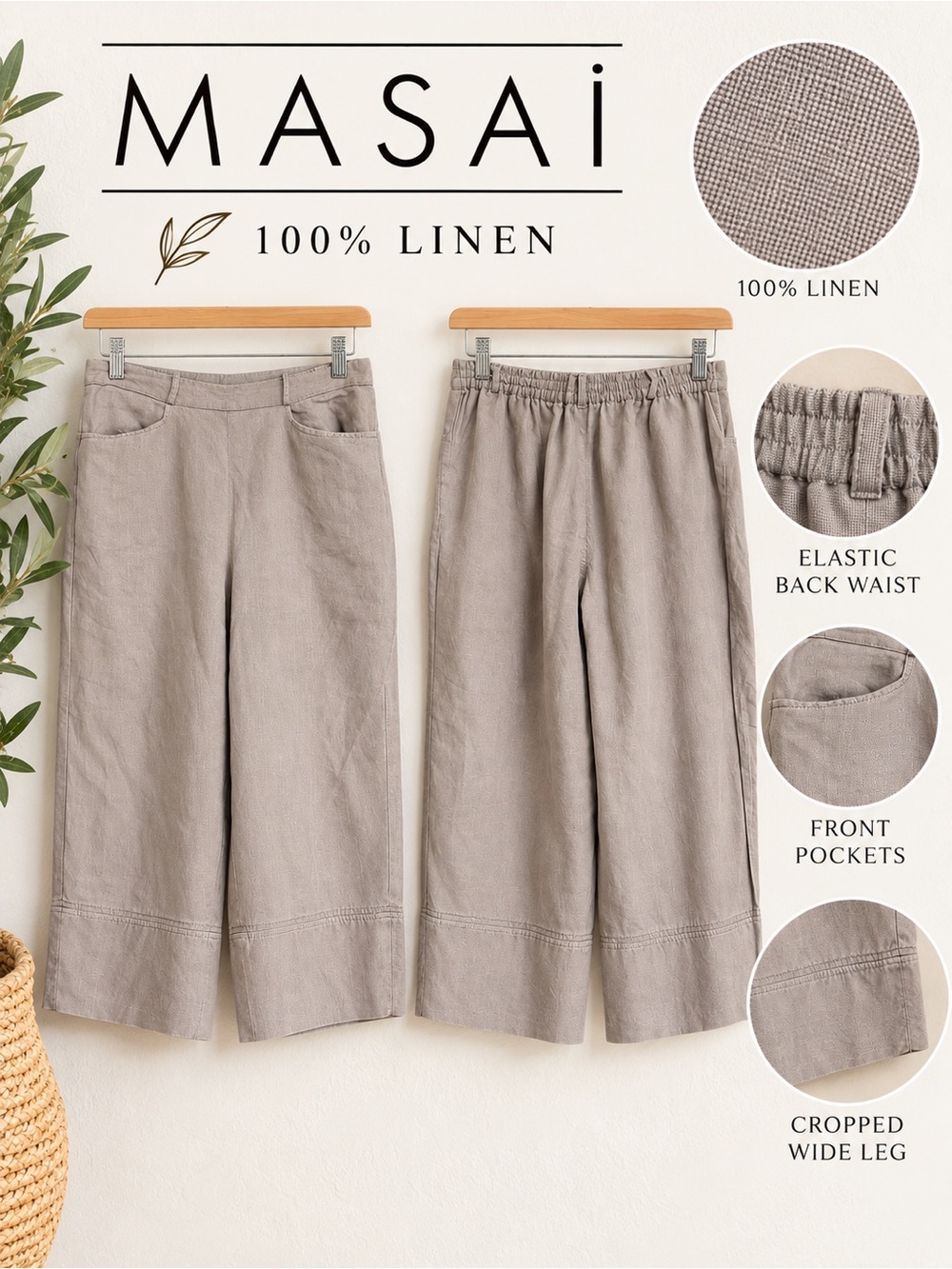 MASAI 100% Linen Gray Cropped Wide Leg Pants Size M